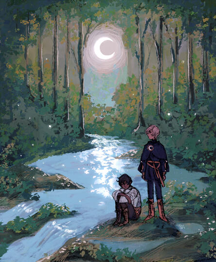 Loris and Indri under the moonlight by a river in a forest. The scenery of the Val d'Arzino, a valley in Friuli full of rivers, caves, and waterfalls, was used as reference.