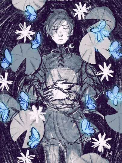 Indri, submerged in water beneath lilypads (inspired by Ophelia from Hamlet), symbolizing his water magic and ties to the agane. The blue butterflies represent his powers over dream and sleep.