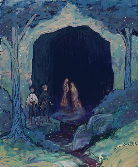 Loris and Indri approach the entrance of a watery cave haunted by spirits. This artwork is inspired by the Villanova Caves in Lusevera, said to be a dangerous place filled with treasure, bandits, witches, and unburied dead.