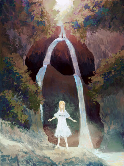 An agane woman, mysteriously obscured by mist, frolicking beneath the waterfalls of Val d'Arzino.